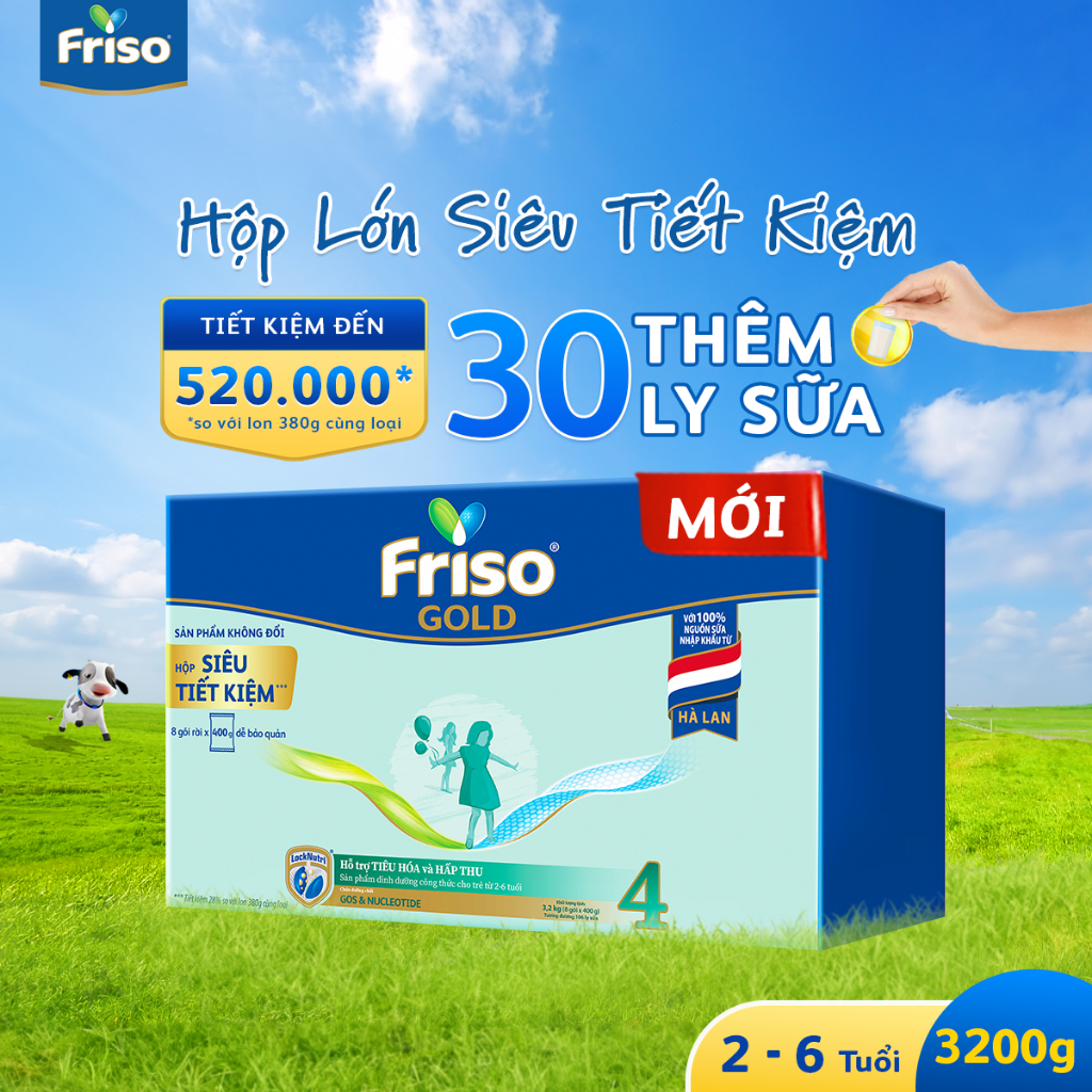 [Mua 2,8kg Tặng 1 Gói 400G] Sữa Bột Friso Gold 4 Hộp Giấy 3,2KG