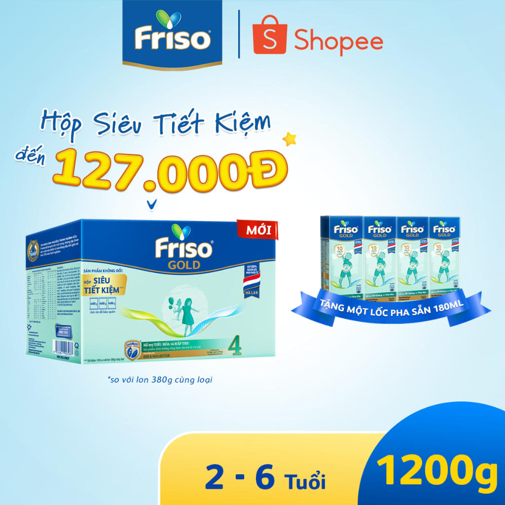 [Tặng 1 lốc RTD 180ml] Sữa Bột Friso Gold 4 Hộp Giấy 1200G