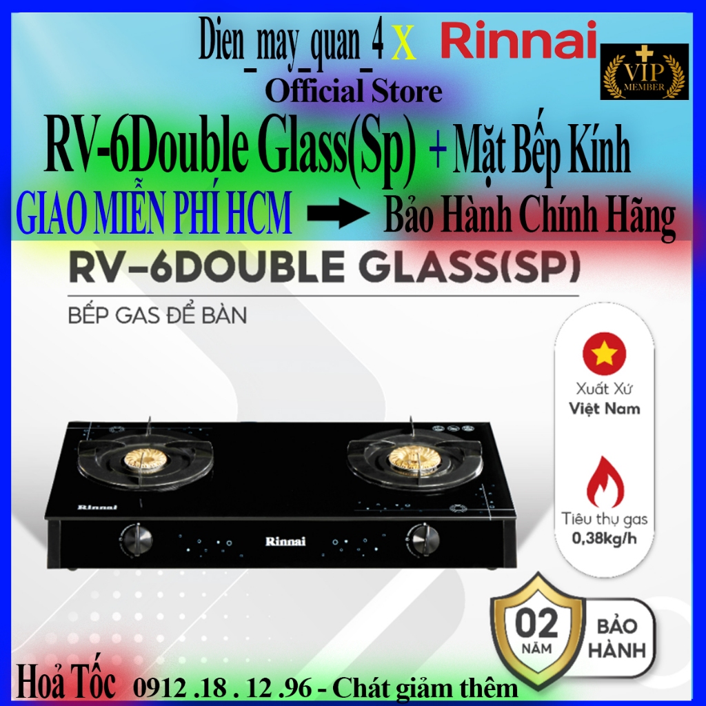 Bếp gas dương Rinnai RV-6Double Glass(Sp) mặt bếp kính và kiềng bếp men - Hàng chính hãng bảo hành 2 NĂM