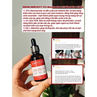 Serum 12% niacinamide + 2% zinc pca + 1% ha simplicity hỗ trợ trị mụn kiềm dầu giảm thâm