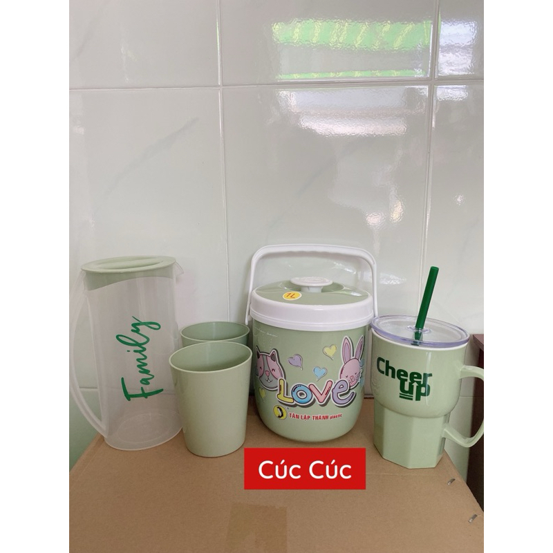 [combo 5 món ] 1 bình giữ nhiệt 1 lít + 1 ly quai có nắp + 1 bộ ca 2 ly Tân Lập Thành