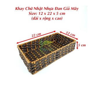 Khay Chữ Nhật 12 x 22 cm, Khay Mây Nhựa Mây Đan Khung Sắt Màu Nâu Vàng Đựng Hoa Quả Bánh Kẹo