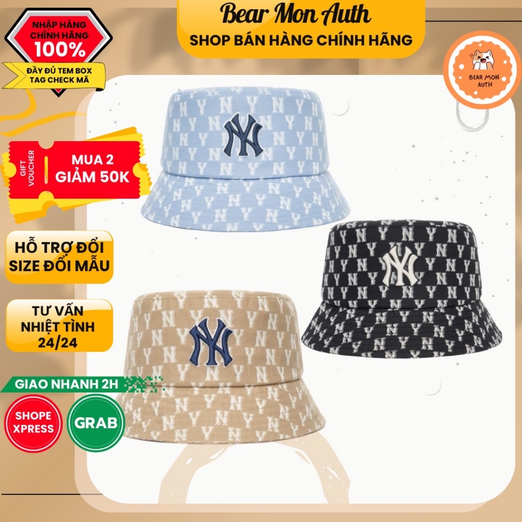 Mũ MLB Monogram Classic Bucket Hat New York Yankees Màu Đen 3Ahtff02N Màu Đen Vàng Xanh