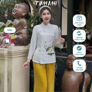 Đồ lam đi chùa nữ thêu hoa cúc chéo TINH NHI mềm mại thoải mái PP36