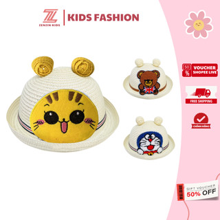 Mũ cói cho bé ZENZIN KIDS từ 2-6 tuổi thêu hình Doraemon, Gấu, Mèo đáng yêu, mũ vành cụp chất liệu cói cho bé đi biển