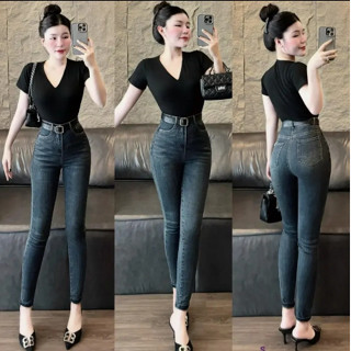 Quần jeans ôm cạp cao co dãn, Quần bò skinny tôn dáng, chất jean mềm màu bụi hottrend