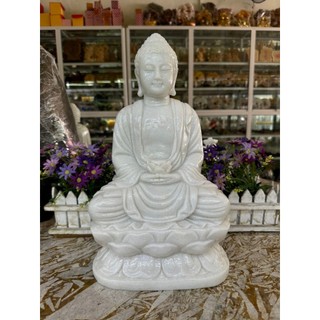 Tượng phật Adida ngồi đài sen đá trắng - Cao 35cm