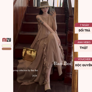 Váy babydoll tơ voan sát nách cổ tròn chân váy ren tơ tầng - đầm dáng maxi dự tiệc có bigsize - vải tơ voan 2 lớp bb
