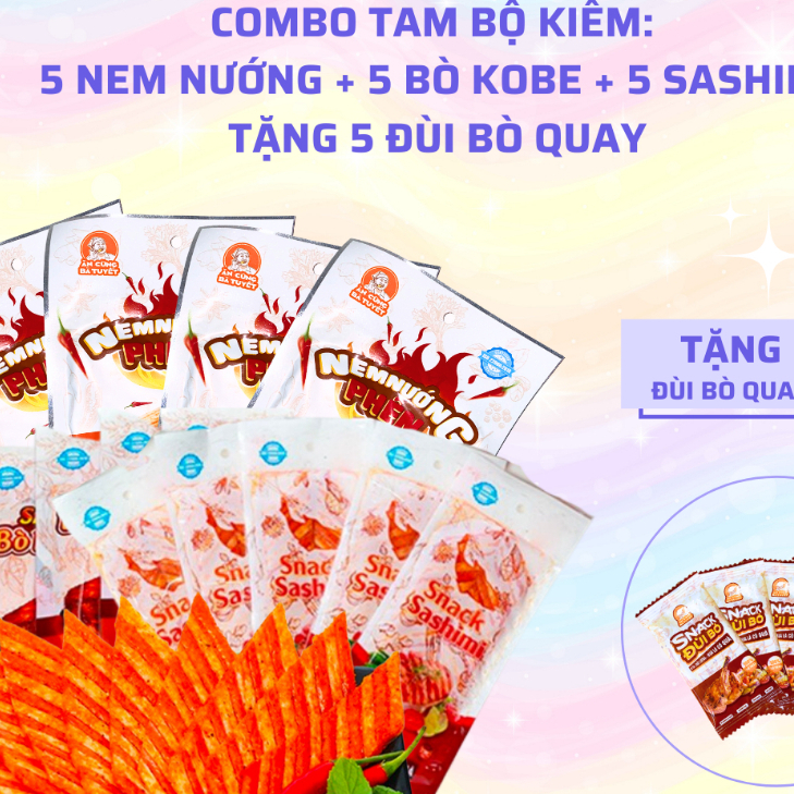 [TẶNG 5 ĐÙI BÒ QUAY] Combo Tam bộ kiếm: 5 nem nướng + 5 kobe + 5 sashimi Ăn cùng bà Tuyết
