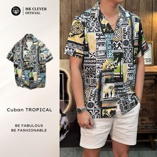 Áo Sơ Mi Cuban nam Tropical Ngắn Tay MK CLEVER Chất liệu lụa mềm mịn, thoáng mát, chống nhăn, form rộng mặc hằng ngày