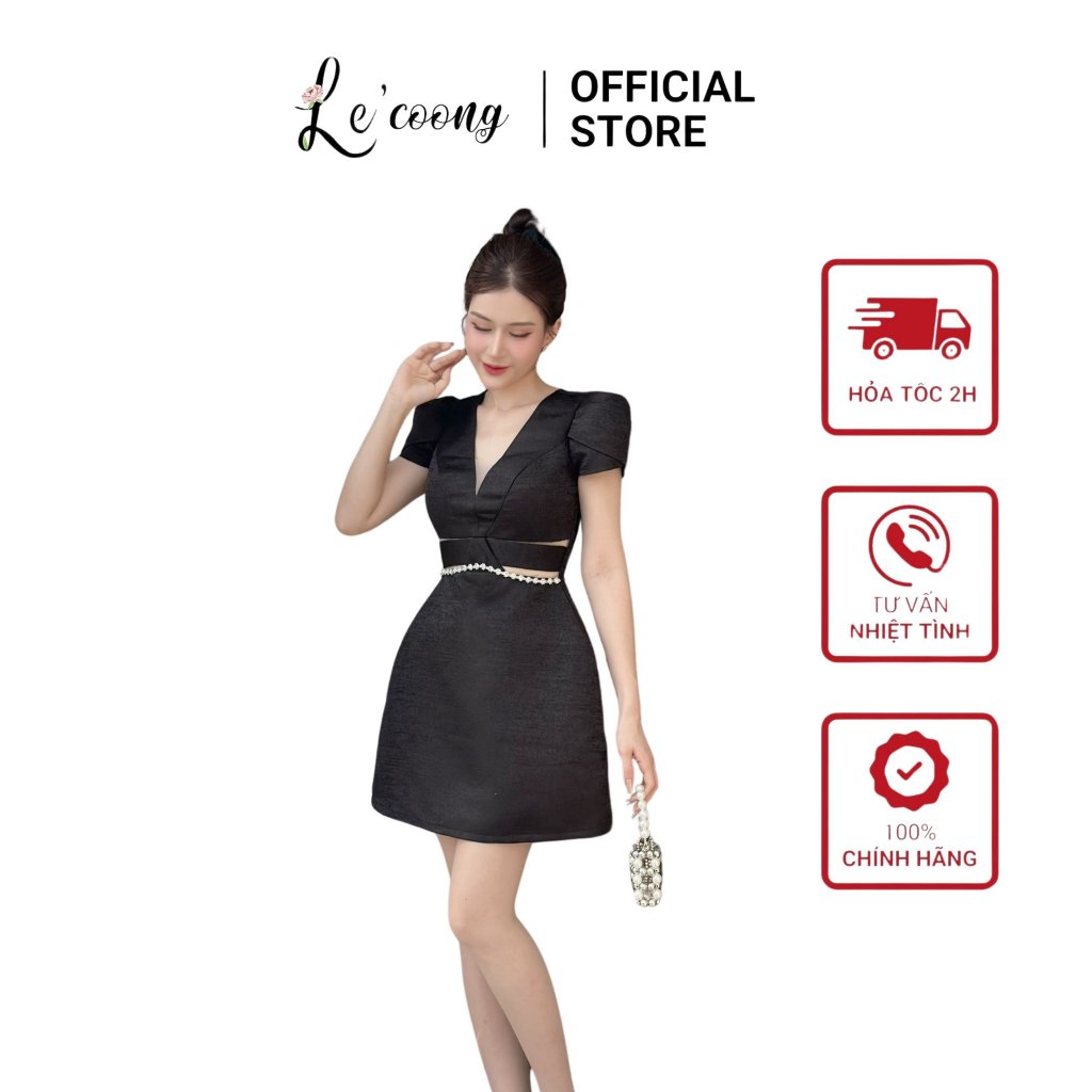 Váy Đẹp Dáng Ngắn LECOONG V554 Đầm Dự Tiệc Cổ V Eo Ngọc Sang Chảnh Màu Đen Trắng