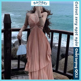 [SẴN] Đầm maxi đi biển hai dây cổ yếm thắt nơ bèo xếp ly dáng dài màu hồng pastel hở lưng khoét eo tiểu thư quyến rũ