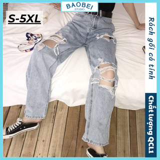 [ORDER+ẢNH THẬT-CÓ BIG SIZE] Quần bò ống rộng rách gối tua rua có big size Ulzzang siêu chất tặng kèm đai ❤️