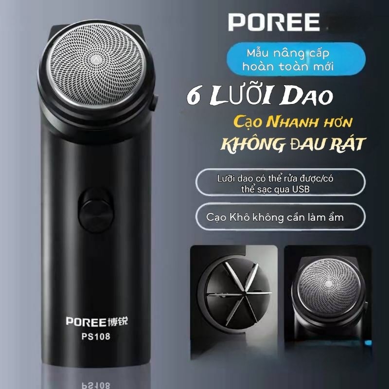 Máy cạo râu POREE 108 cạo nhanh Không Rát Thiết kế mới
