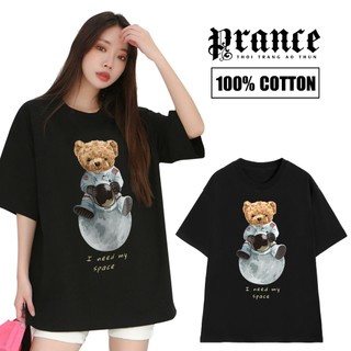 Áo thun nữ form rộng cotton 250g cao cấp, áo thun nữ local brand phi hành gia gấu màu đen