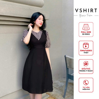 Váy đen phối kẻ caro hoa tay cộc VSHIRT