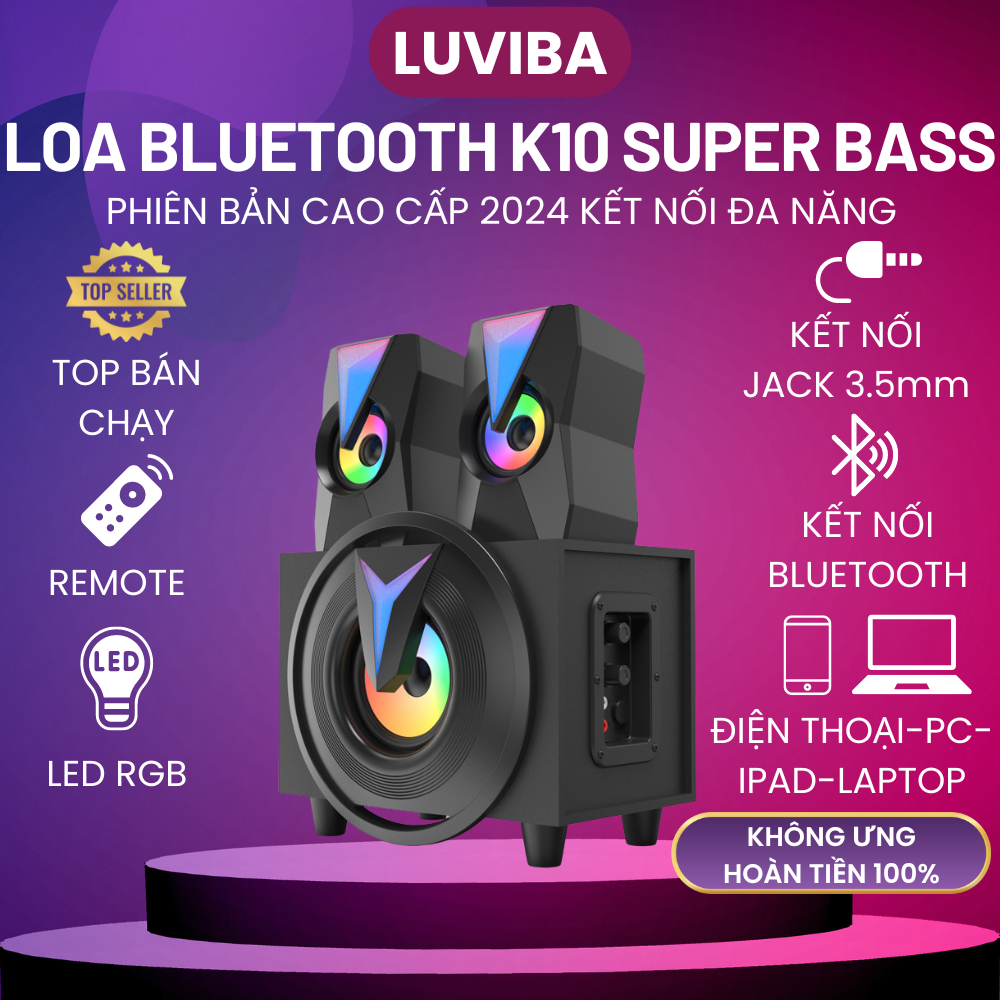 Loa bluetooth vi tính Luviba, loa máy tính để bàn K10 bass mạnh mini cây để bàn mini đẹp chất có dây giá rẻ