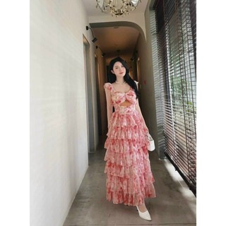 Đầm maxi voan hoa xếp tầng 2 dây có bra ngực