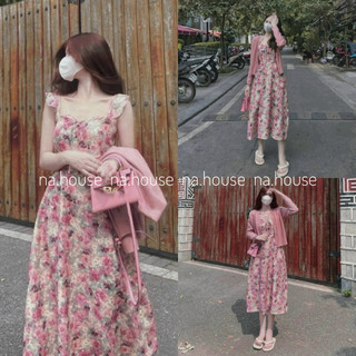 Đầm hoa nhí 2 dây cánh tiên kèm áo khoác hồng Nahouse set đầm nữ voan đi chơi đi biển dạo phố thiết kế đẹp xinh xịn sang