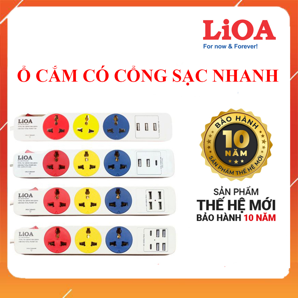 Ổ cắm điện LiOA đa năng kèm cổng sạc nhanh USB type C 3 lỗ dây dài 3m