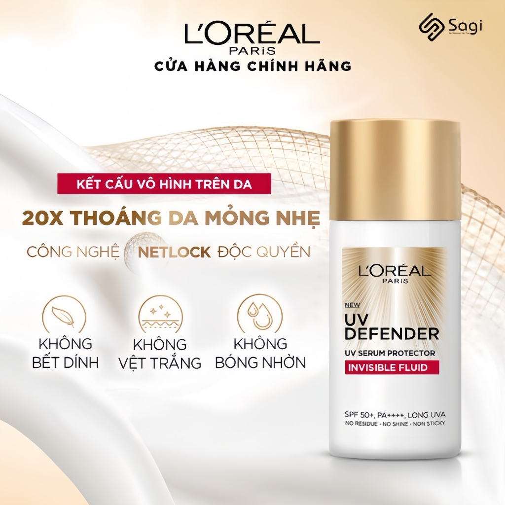 Kem Chống Nắng x20 Thoáng Da Mỏng Nhẹ Làm Sáng Da, Mờ Thâm Nám L'Oreal Paris UV Invisible Fluid 50ml SPF 50++