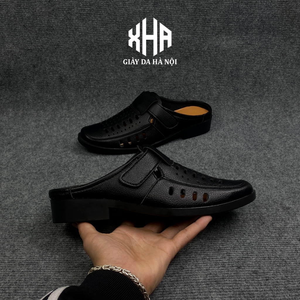 Giày hè nam đen da bò, giày sục nam đục lỗ thoáng khí bảo hành 12 tháng