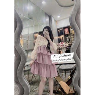 Đầm suông babydoll bèo tầng kết hoa tay ren dài thiết kế thời trang trẻ trung đáng yêu