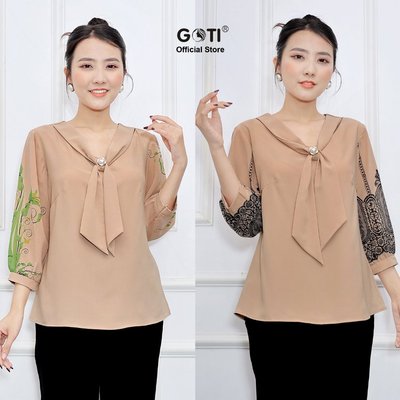 GOTI Quà Tặng Mẹ U50 U60 Bigsize Áo Trung Niên Nữ Cao Cấp Cổ Nơ Phối Phụ Kiện Tay Lỡ 3A44 3A45 3A43
