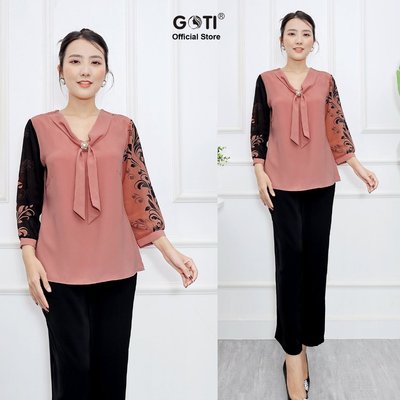 GOTI Áo Trung Niên Nữ Cao CấpTặng Mẹ U50 U60 Kiểu Áo Cổ Nơ Phối Phụ Kiện Tay Lỡ 3A43 3A44 3A45