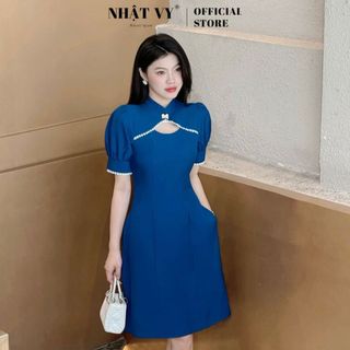 Đầm dự tiệc Nhật Vy cổ tàu tay bồng viền ren nhỏ form dáng xoè chất lụa phù hợp đi chơi dạo phố sang chảnh - D2963
