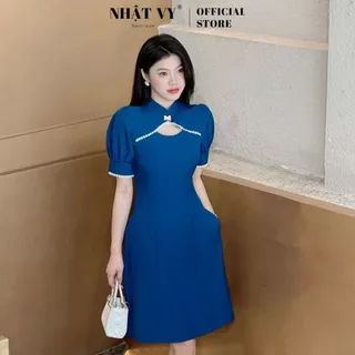 Đầm dự tiệc Nhật Vy cổ tàu tay bồng viền ren nhỏ form dáng xoè chất lụa phù hợp đi chơi dạo phố sang chảnh - D2963