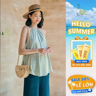 Set đồ nữ đi chơi yếm nữ quần ống rộng lụa Latin - Bộ set yếm sang chảnh đi du lịch đi biển xanh ngọc Nhà Lụa SE003