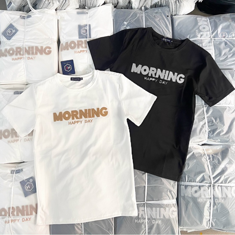 ÁO THUN COTTON PHỐI THÊU CHỮ - ÁO ĐÔI TAY NGẮN CỔ TRÒN CTTN