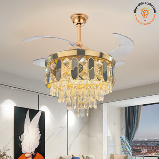 Quạt trần đèn pha lê cánh cụp xòe hiện đại 6 mức gió 3 chế độ sáng trang trí phòng khách phòng ngủ BH 2 năm