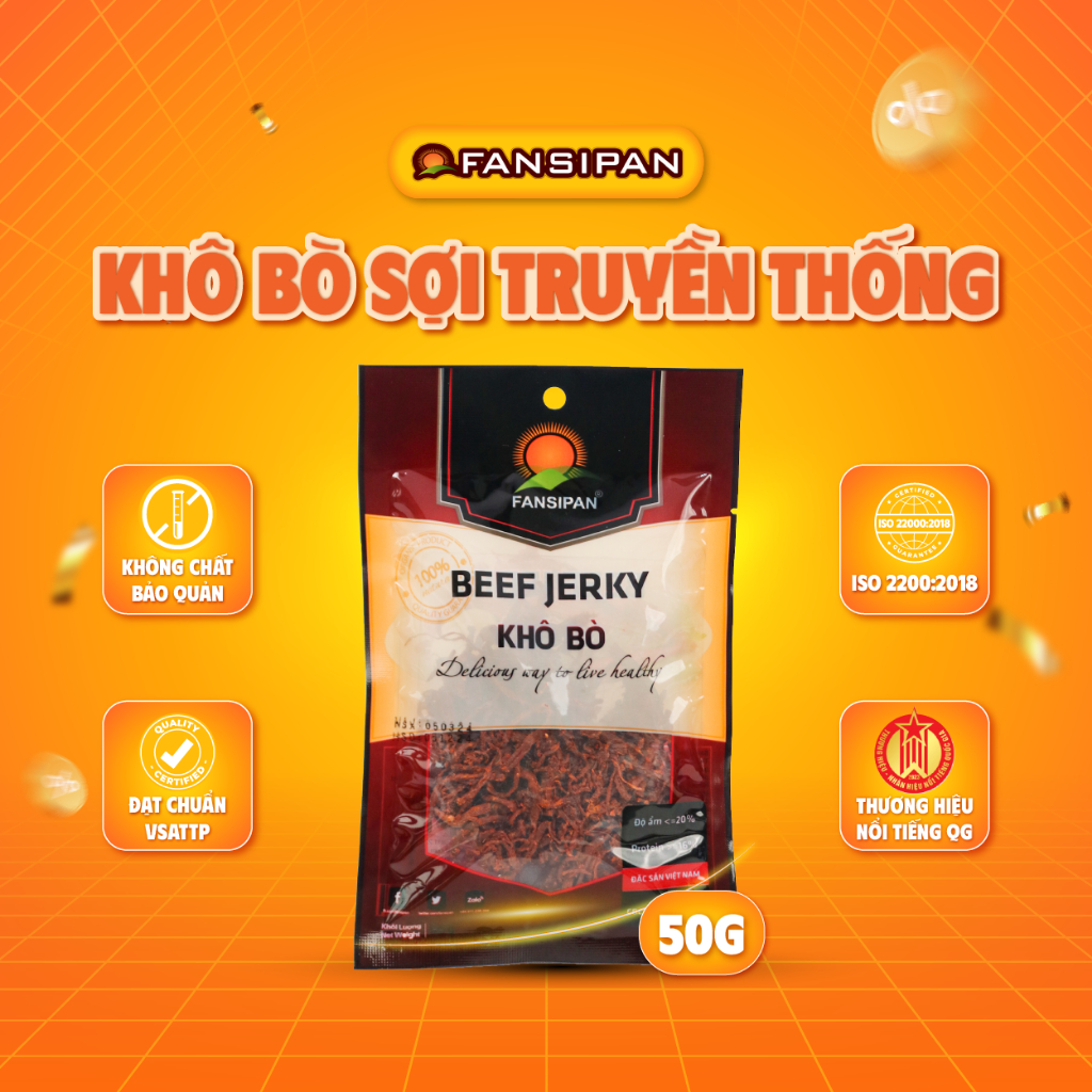 Khô bò xé sợi chính hãng Fansipan túi 50g - Đảm bảo ATVSTP