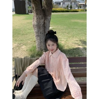 Áo sơ mi dài tay dáng rộng cổ búp bê nhún ngực họa tiết kẻ caro màu hồng phong cách Hàn Quốc
