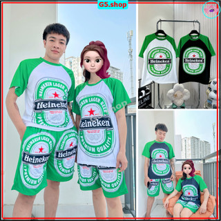 ( Hàng Mới ) Bộ BIA HEINEKEN Phối Trắng Đen Thể Thao Hè Nữ Nam Tay Cộc Phối Hợp Quần Sọt Lưng Thun Dây Rút - g5.shop