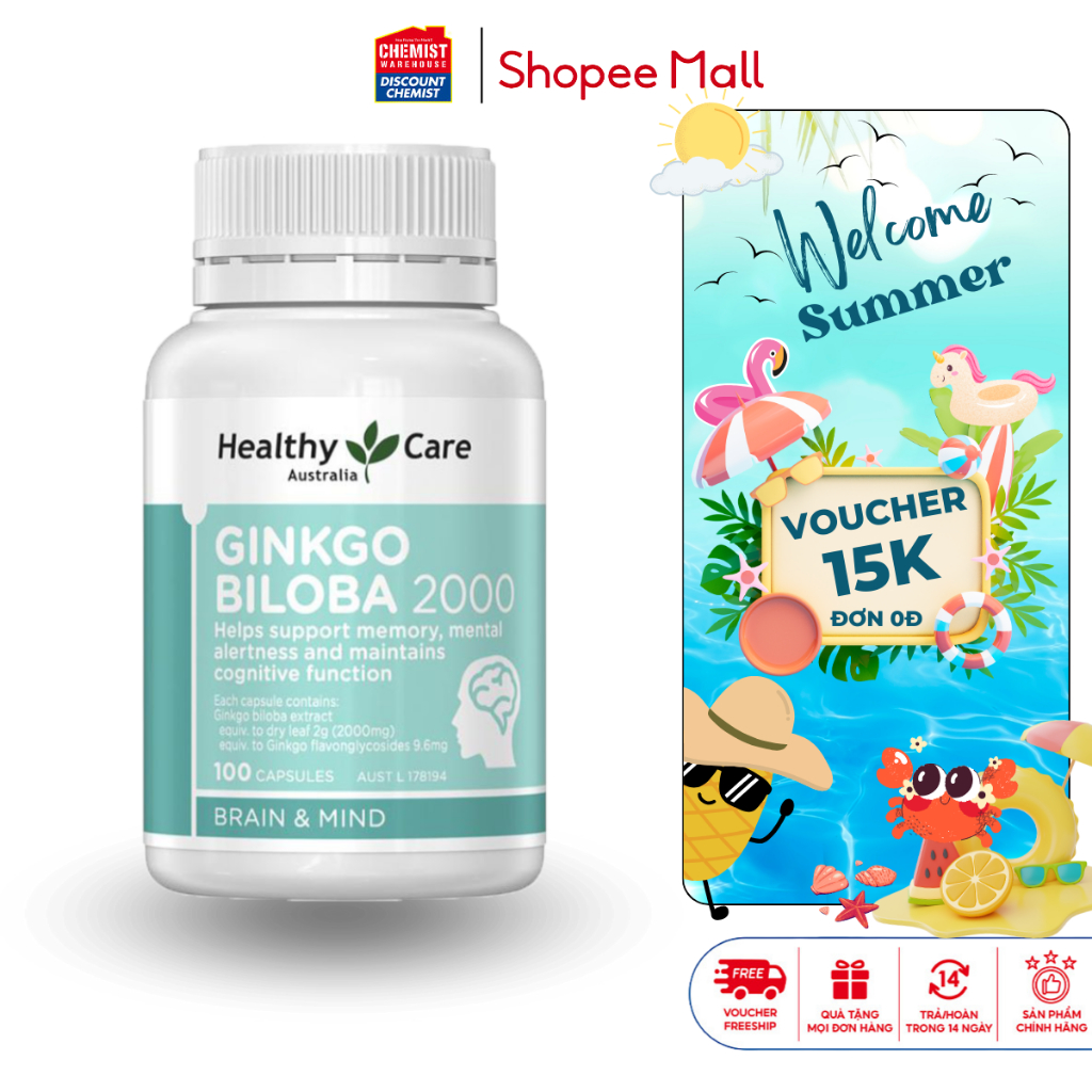 Hỗ trợ bổ não Healthy Care Ginkgo Biloba 2000mg hỗ trợ tăng cường trí nhớ, giảm đau đầu và tiền đình của Úc