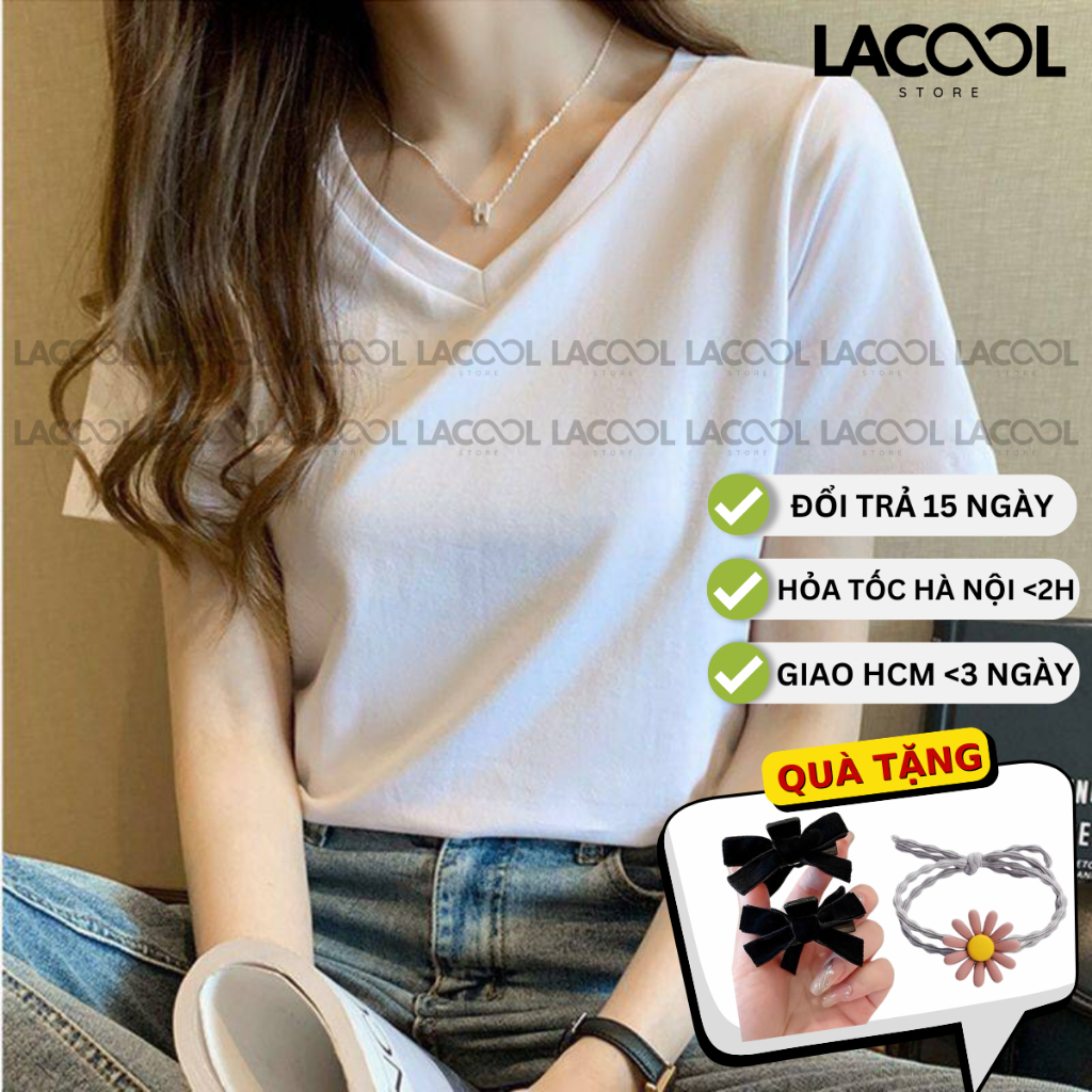 Áo Phông Nữ Cổ Tim Ngắn Tay LACOOL Dáng Suông Chất Cotton Basic Cao Cấp Co Giãn 4 Chiều Cổ Chữ V Duyên Dáng 8 Màu LA07 | BigBuy360 - bigbuy360.vn