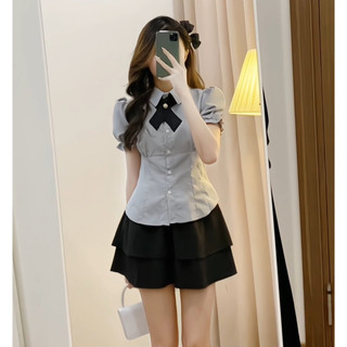 Set áo sơ mi kèm chân váy 2 tầng, áo tay phồng chiết eo tiểu thư BINTEE STORE