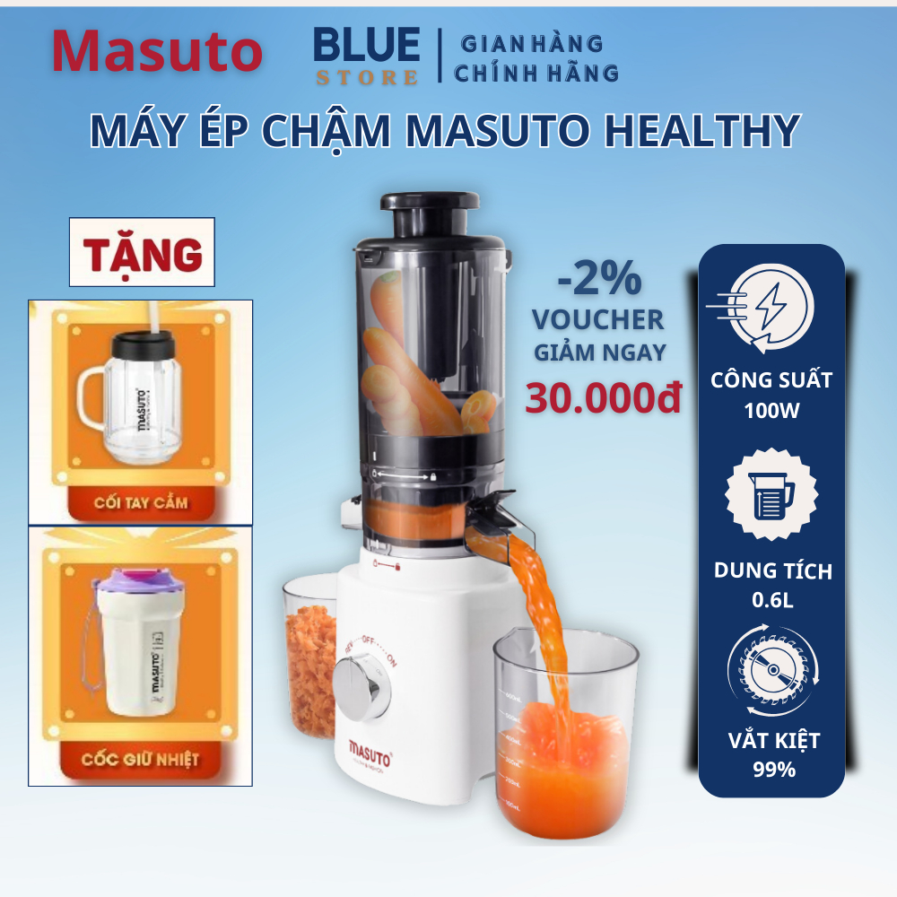 Máy Ép Chậm Trái Cây Masuto HEALTHY Chính Hãng Kèm Quà, Công suất 100W, Dung tích 0.6L, Ép Kiệt Bã 99% Các Loại Hoa Quả