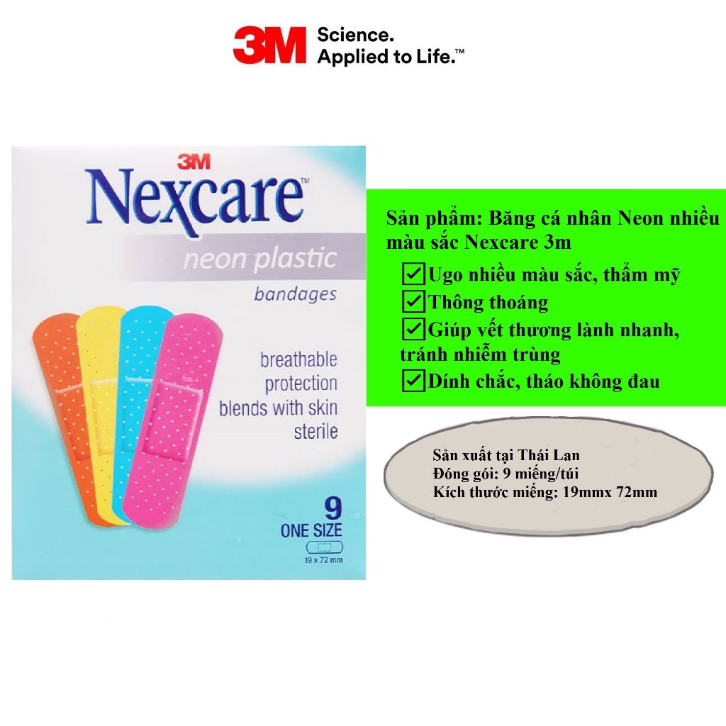 Vỉ 9 miếng băng cá nhân nhiều màu sắc Neon Nexcare 3M, Sản xuất tại Thái Lan (19x 72mm)