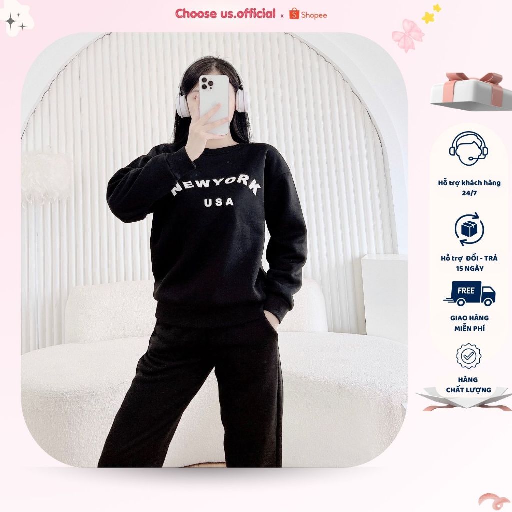 Bộ nỉ nữ thu thông chất vải nỉ bông, Set thu đông in hình sắc nét chất vải dày dặn ấm áp CS040 | BigBuy360 - bigbuy360.vn