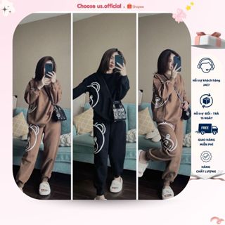 Bộ nỉ nữ thu đông hình in con gấu cao cấp, set đồ nữ thu đông chất vải nỉ bông phù hợp thời tiết mùa lạnh CS026