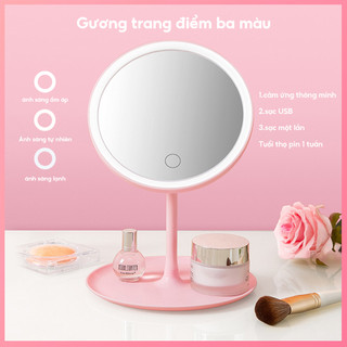 Gương Để Bàn Trang Điểm, Gương Trang Điểm Đèn Led, Gương Tròn Cảm Ứng 3 Chế Độ Ánh Sáng Pin Sạc Tích Điện 1200Mah NahiDo