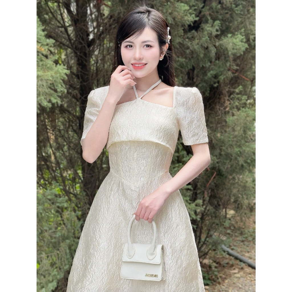 Đầm dự tiệc cổ yếm tiểu thư đa ứng dụng - XU XU SHOP - Váy nữ thiết kế vải gấm lên form chuẩn - ẢNH 