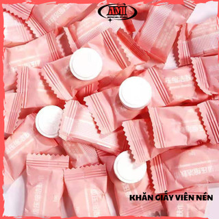 Khăn giấy nén dạng viên kẹo màu hồng dễ dàng bỏ túi đi du lịch, đi làm AMI
