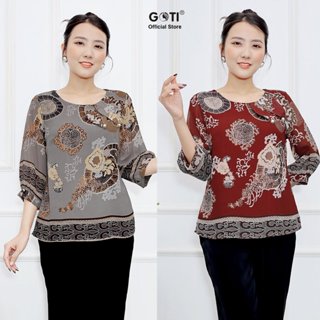 GOTI Áo Voan Nữ Trung Niên U50 U60 Cao Cấp Cổ Tròn Phối 2 Chiếc Lá Đính Nút Tay Lỡ 3A48 3A49
