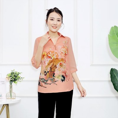 Áo Trung Niên Nữ GOTI Cao Cấp Kiểu Áo Sơ Mi In Hoạ Tiêt Hoa Sen Cò Bigsize Tay Lỡ Đính Nút Nhiều Mẫu