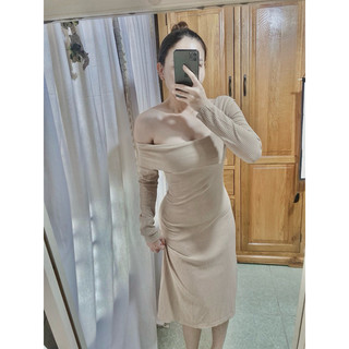 Đầm body thun gân tay dài trễ vai ( Hoả tốc HCM )